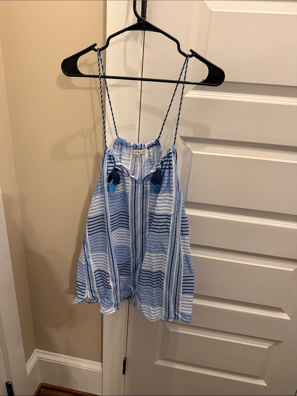 Joy Joy Blue Striped Tassel Spaghetti Strap Tank